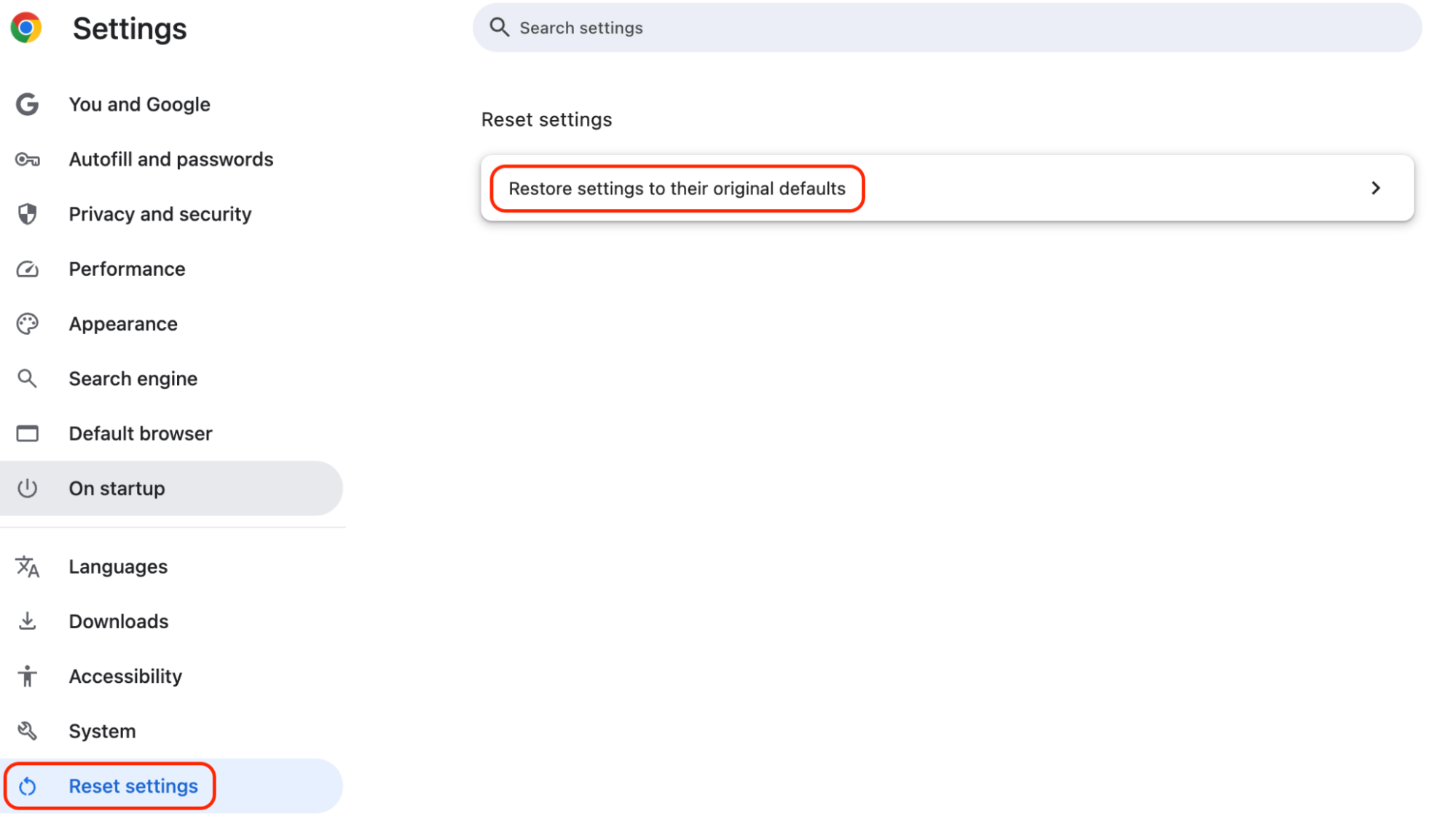 Scroll to Reset settings in Chrome Settings and select Restore settings to their original defaults to reset the browser configuration.