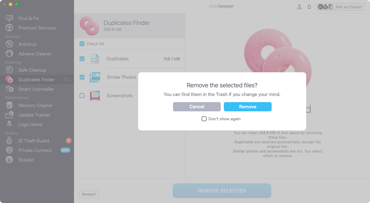 The Duplicates Finder will ask you to confirm the removal of the duplicate files. If you're sure about your select, click the 'Remove' button, and MacKeeper will delete the unneeded files.