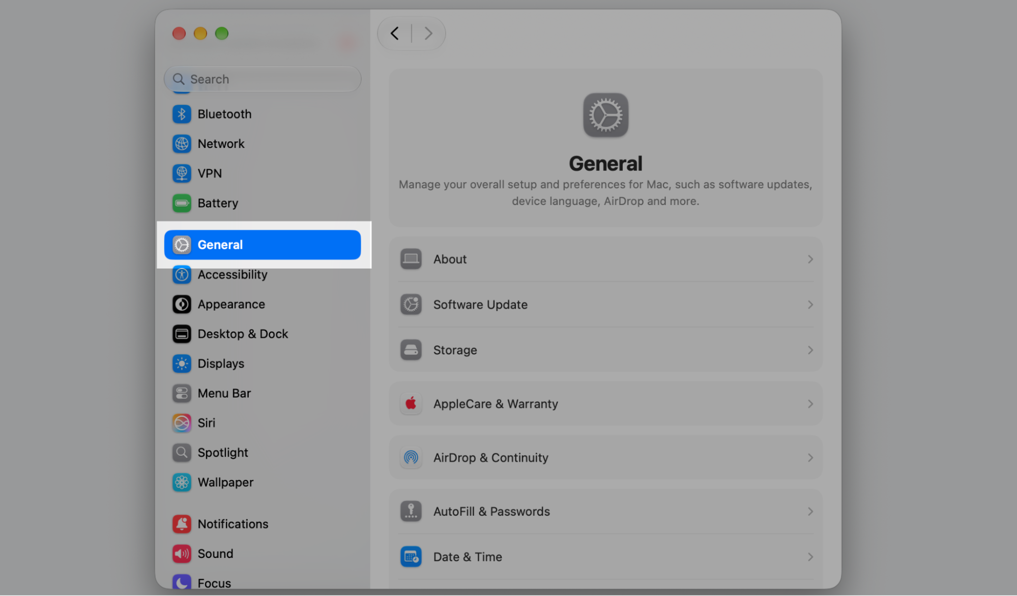 macOS System Settings with the General tab selected in the sidebar, showing About, Software Update, and Storage on this Apple computer.