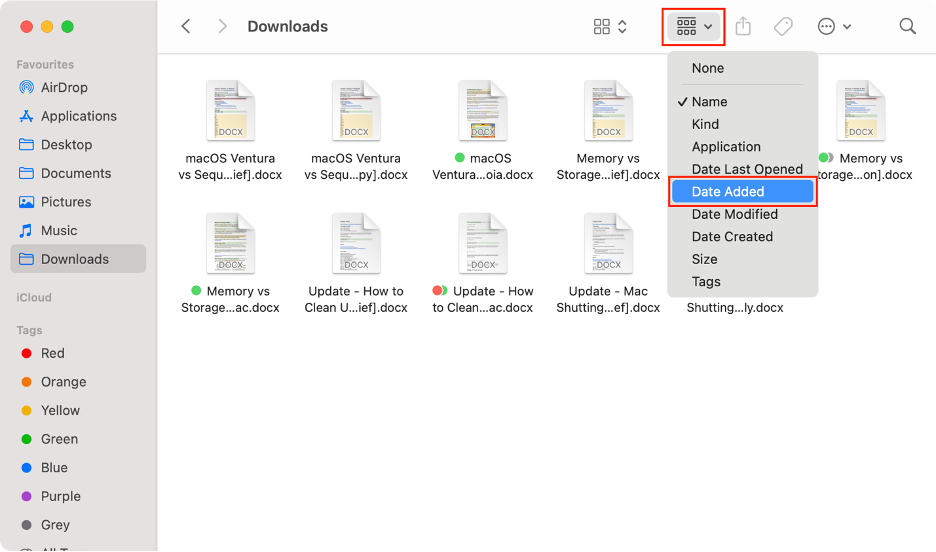 To save up space on a Mac, click on the icon to sort out files, then click Date Added from the dropdown menu.