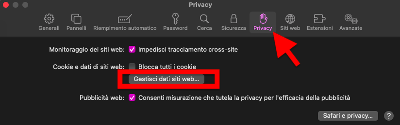 Il menu Privacy all’interno delle Preferenze di sistema sul Mac. Per pulire vecchi dati e liberare spazio sul Mac, cliccare Gestisci dati siti web, poi Rimuovi tutto.