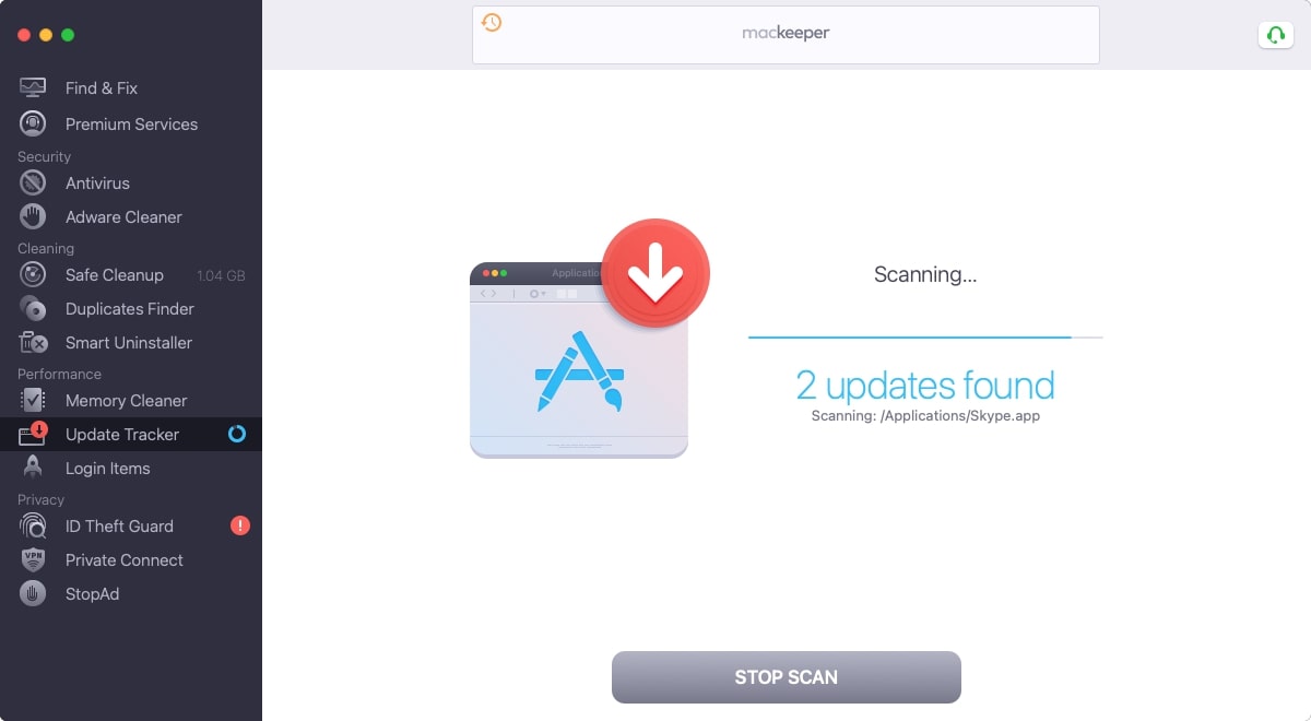The renewed Update Tracker window shows the scanning process in the MacKeeper’s app, which will hint to the user about the necessary software updates