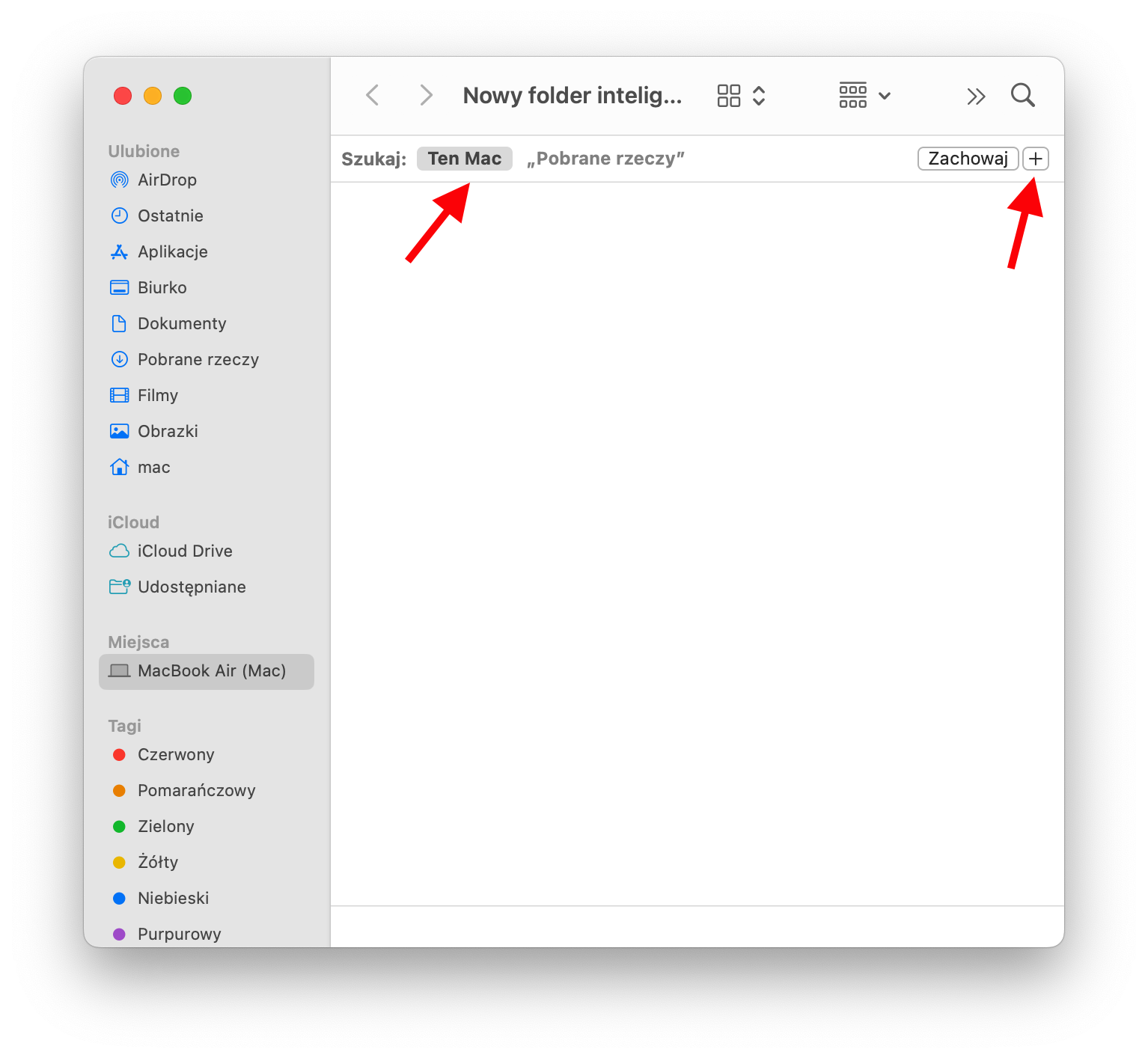 W oknie „Nowy Folder inteligentny” wybierz „Ten Mac” i kliknij ikonę plusa. Oznacza to, że przeszukasz całego Maca, ale możesz też wybrać konkretne foldery.