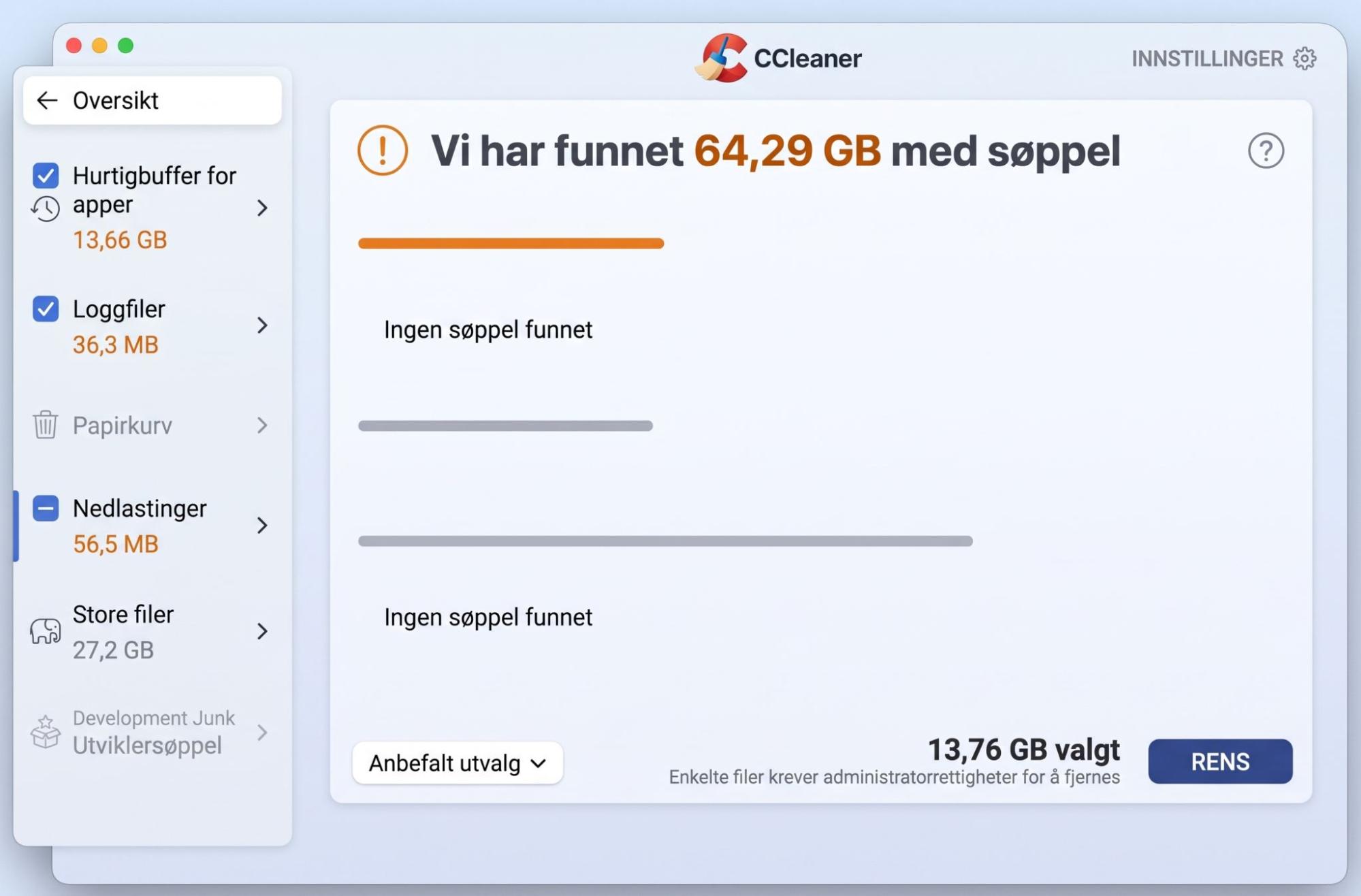 CCleaner er et annet verktøy som kan bidra til å rydde opp og kvitte Macen din med unødvendige filer. Finn rengjøringsrapporten fra appen.