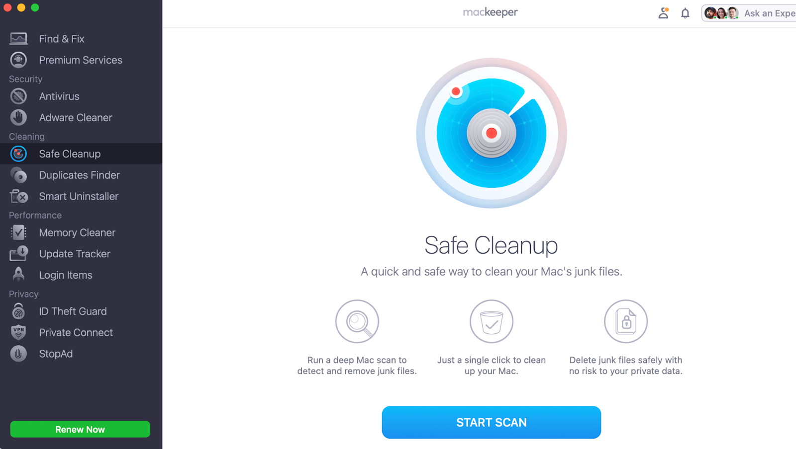 To get some help with clearing your cache, begin by downloading and opening up the MacKeeper app. Go to the Safe Cleanup tool and press Start Scan.