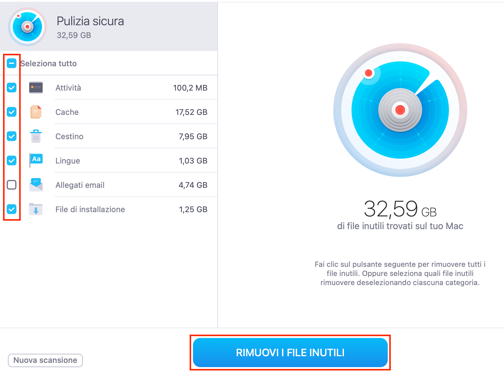 Quando selezioni l’opzione Rimuovi file inutili, verranno eliminati tutti i file che hai selezionato. Il processo potrebbe durare alcuni minuti se hai molti elementi da rimuovere.