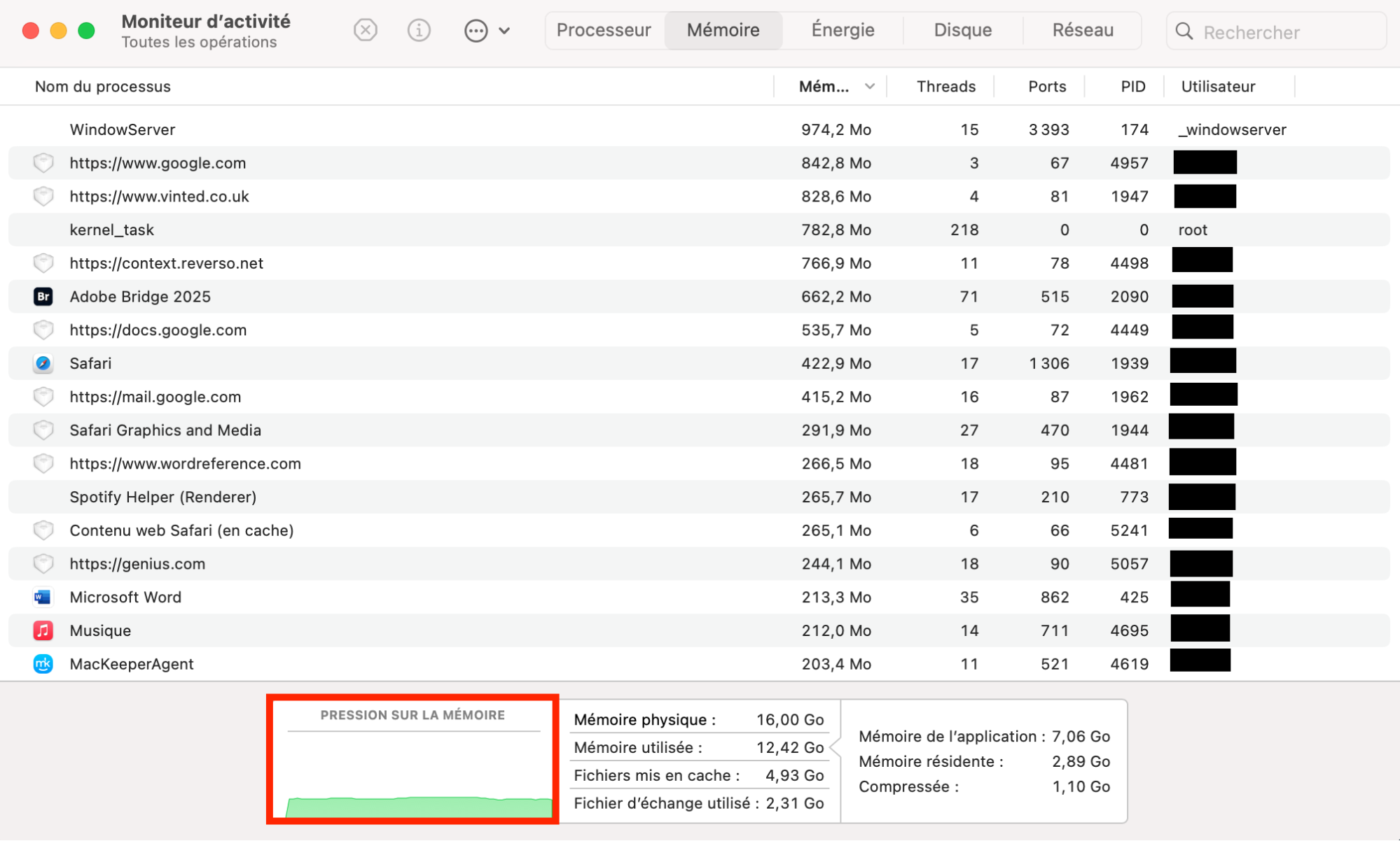 Consultez le graphique de Pression sur la mémoire. S’il apparaît en vert, vous disposez d’assez de RAM.