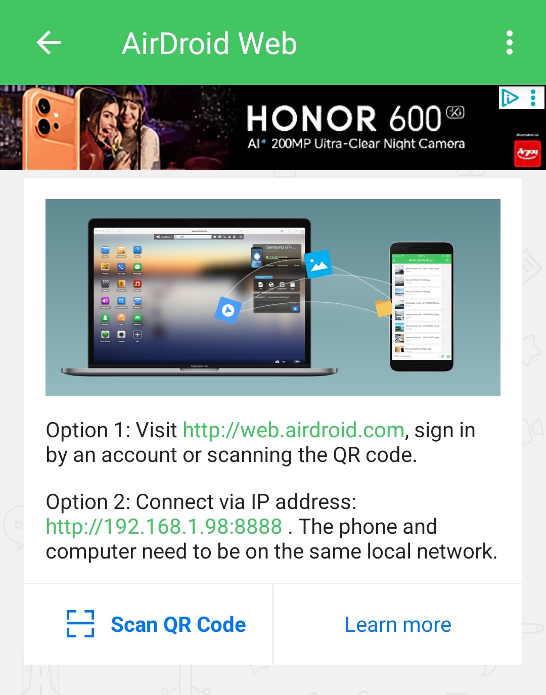 You can either browse to the AirDroid website, then create and log into your account. Or you can just use the the IP address provided. The second option requires both your Android device and Mac to be on the same local network.