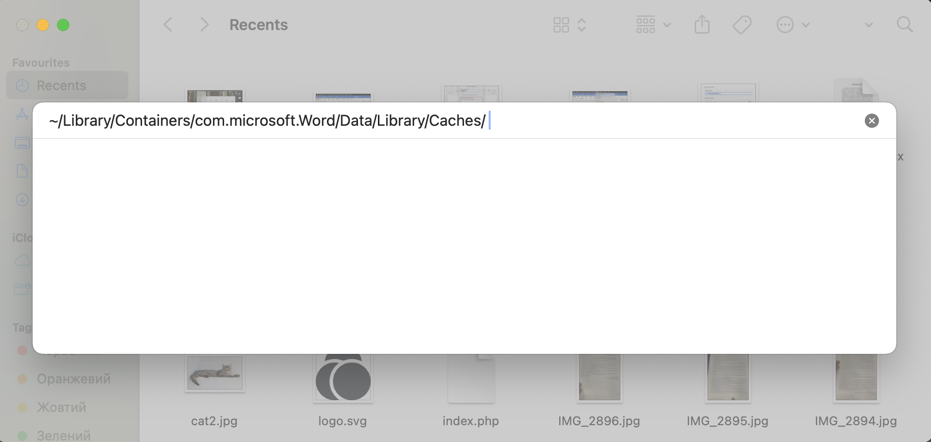 Enter the path ~/Library/Containers/com.microsoft.Word/Data/Library/Caches/ in the Go to Folder box and press Return to open Word’s cache directory.