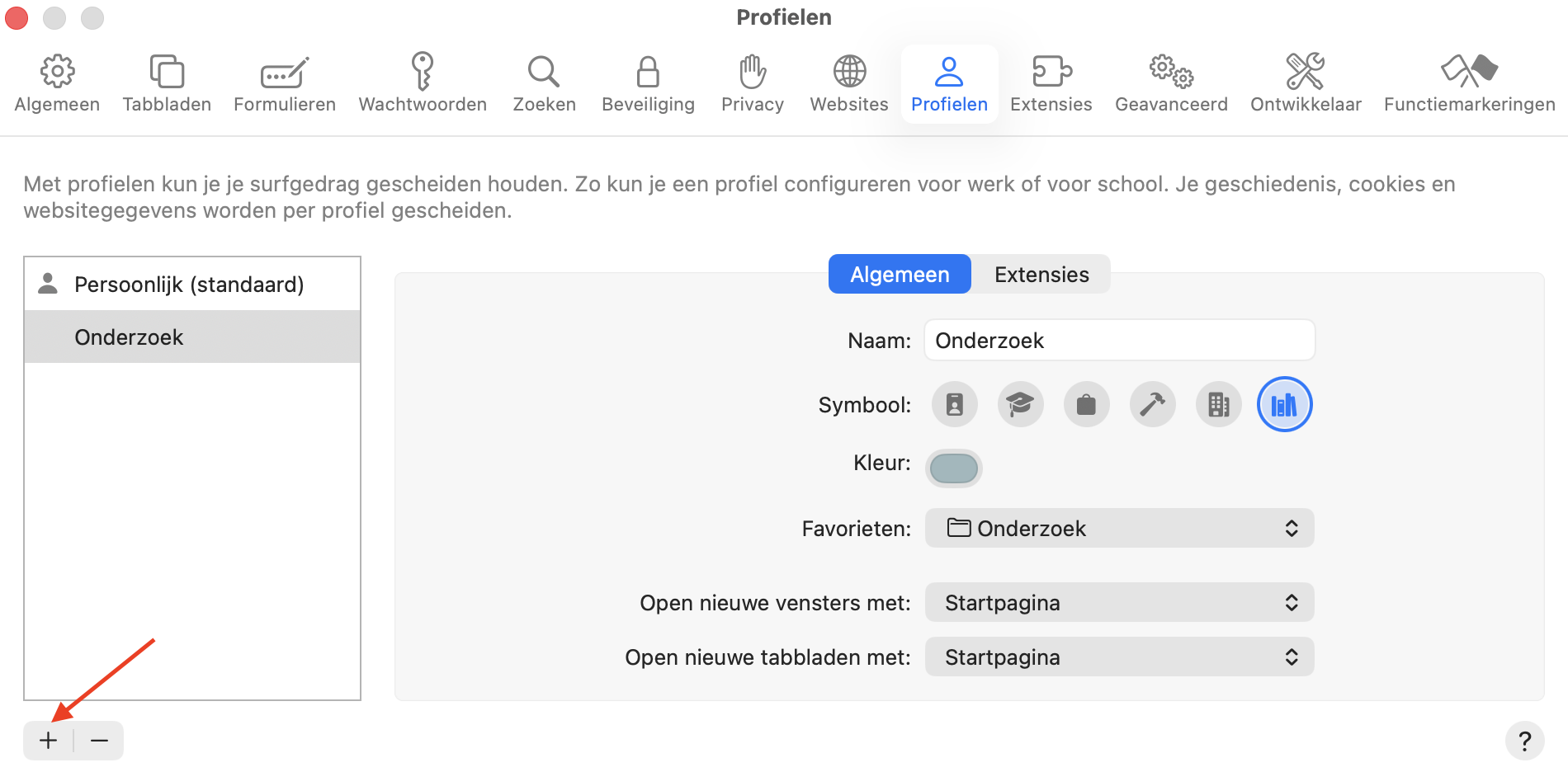 Het menu ‘Profielen’ in Safari op de Mac toont alle beschikbare profielen. Klik op de knop ‘+’ om een nieuw gebruikersprofiel aan te maken.