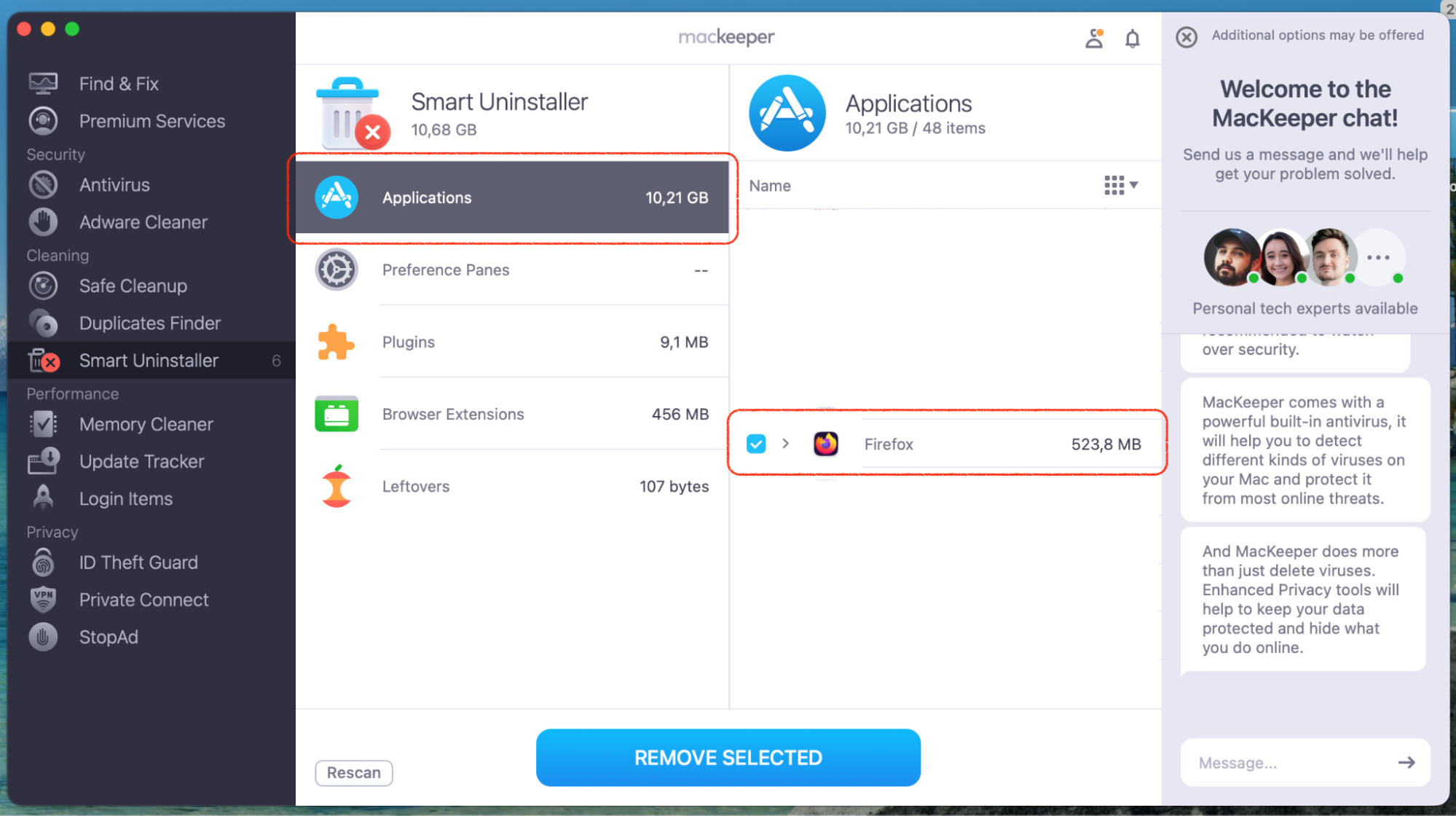 Wait until MacKeeper shows you its scanning results, and choose the Applications category in the list to make it easier to find Firefox and your Mac. Then, click on Remove Selected.