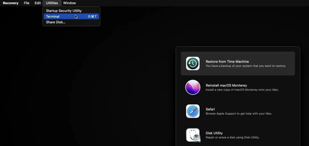 Once your device is in Recovery mode, look for the Utilities tab in the top menu bar on your screen. From there, you can click to open Terminal to continue turning off or disabling SIP on Mac.