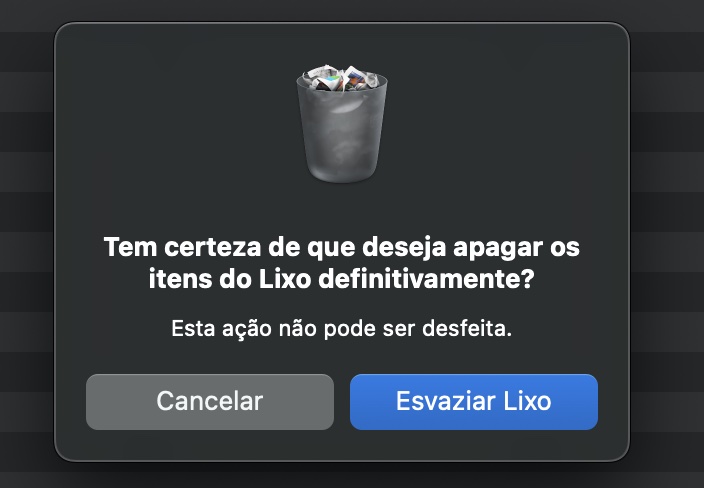 Para finalizar o processo de desinstalação do aplicativo no seu MacBook, confirme sua decisão clicando no botão Esvaziar Lixo.