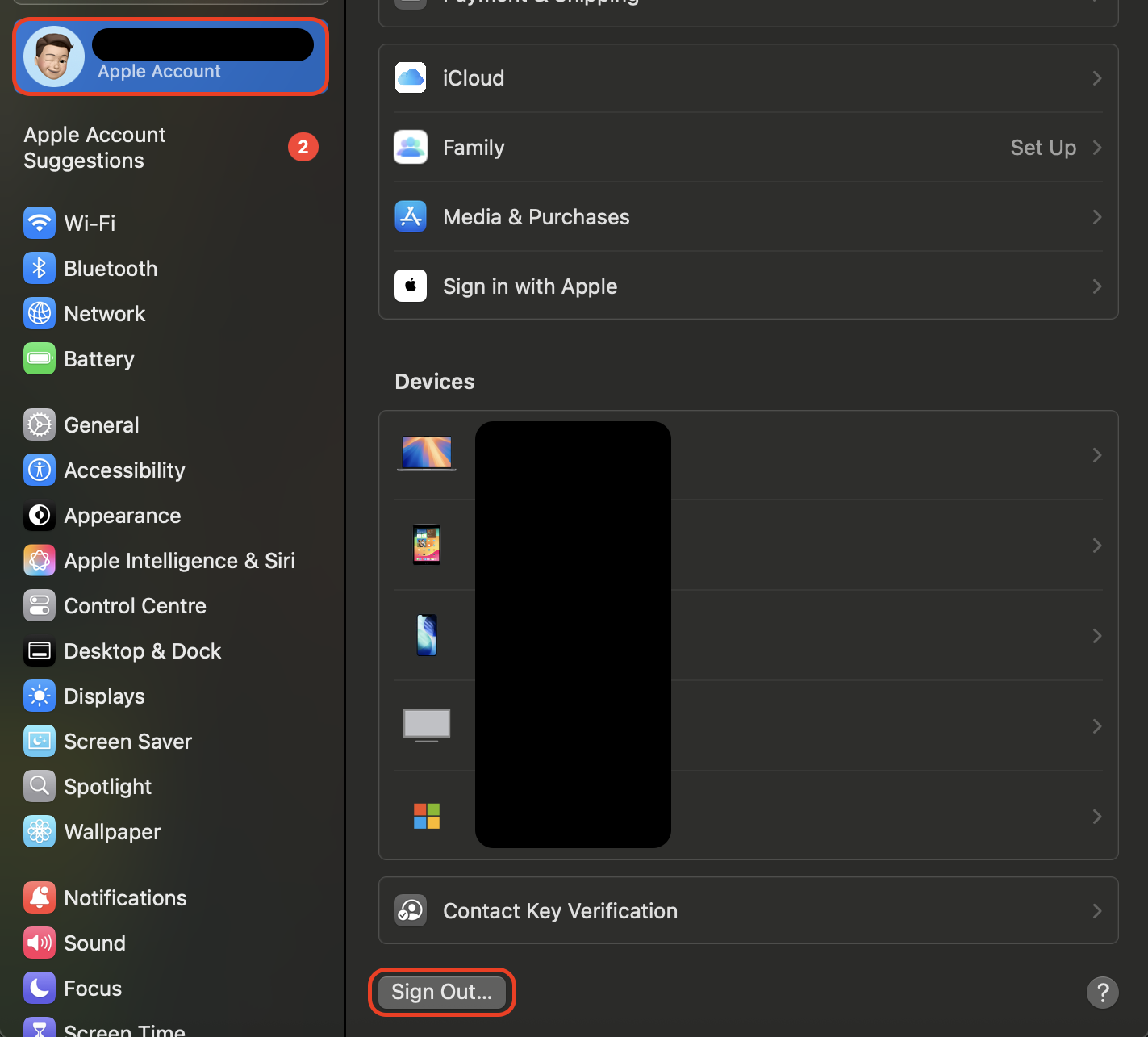 Open System Settings, go to Apple Account, and click Sign Out to disconnect your Apple ID and reset account-related settings that may affect syncing.