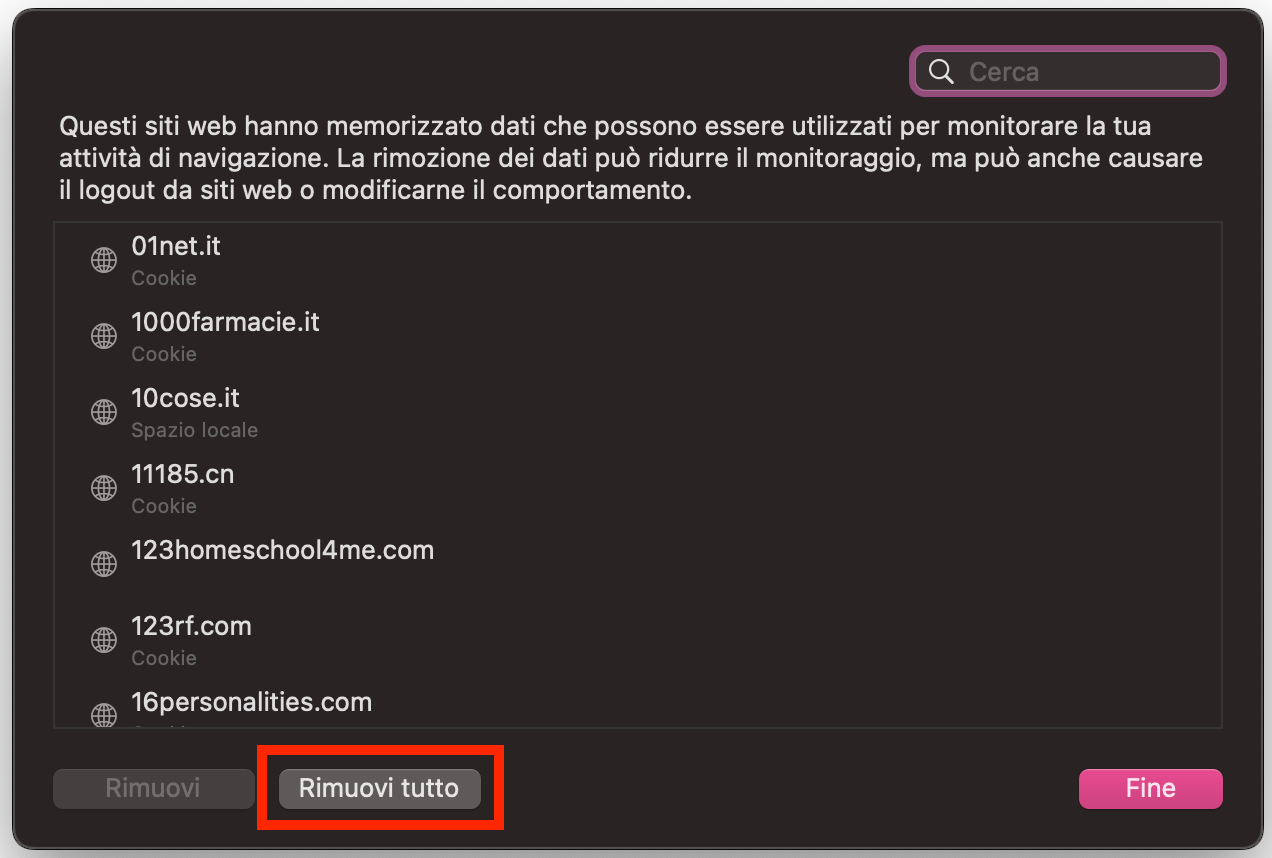 Quando puoi gestire i dati dei siti web, seleziona quelli che vuoi eliminare e clicca su Rimuovi tutto.
