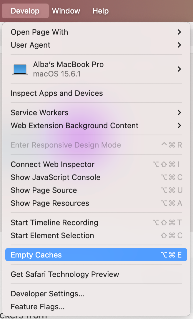 To clear the cache and solve the application Safari is not open anymore error on a Mac, click Develop in the menu bar, then select Empty Caches.