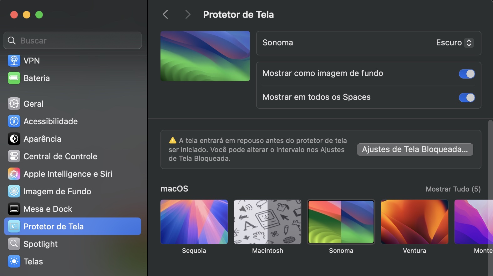Para apagar protetores de tela que você não quer ou não precisa mais e ajudar a reduzir o armazenamento Outros no Mac, abra os Ajustes do Sistema e clique na aba Protetor de Tela. Veja a lista e exclua aqueles que não deseja mais para liberar espaço valioso.