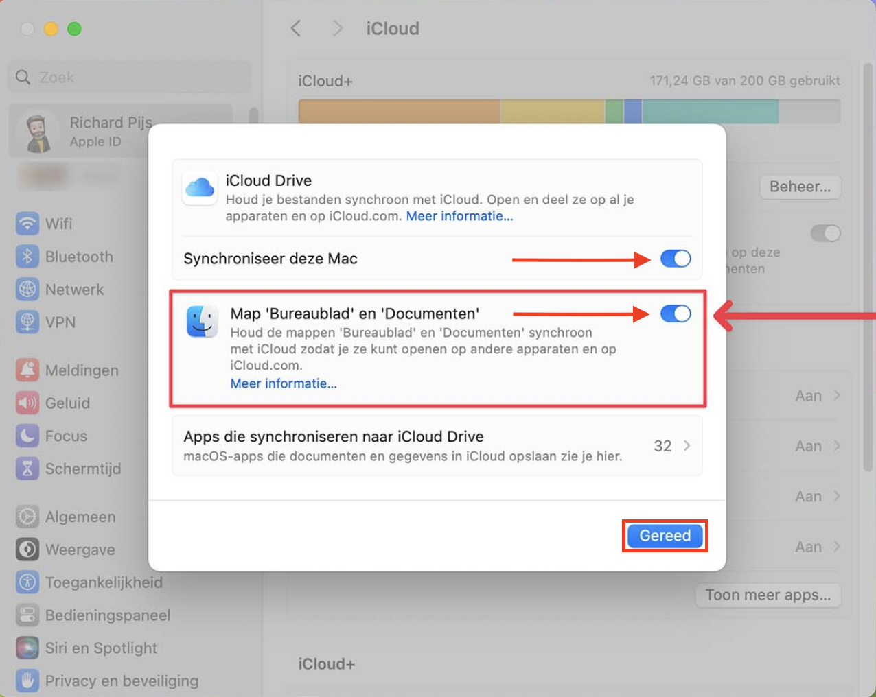 De iCloud Drive-opties in Systeeminstellingen op de Mac. Zorg ervoor dat alle back-upopties zijn ingeschakeld om bestanden naar de cloud te sturen en ruimte vrij te maken op je Mac.