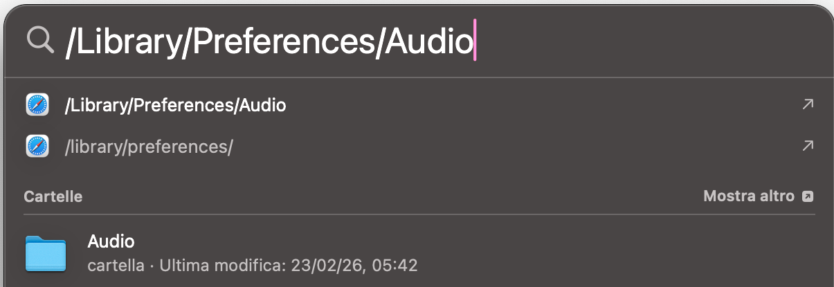 Puoi reimpostare le impostazioni audio del Mac eliminando i file .plist corretti. Inizia usando Spotlight per cercare e aprire la cartella /Library/Preferences/Audio.