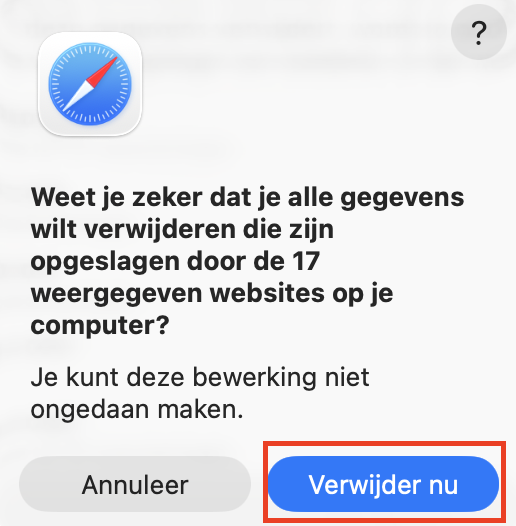 Een bevestigingsvenster voor het verwijderen van websitegegevens in Safari op de Mac. Je kunt bevestigen dat je alle websitegegevens wilt verwijderen om ruimte vrij te maken op je Mac door op ‘Verwijder nu’ te klikken.