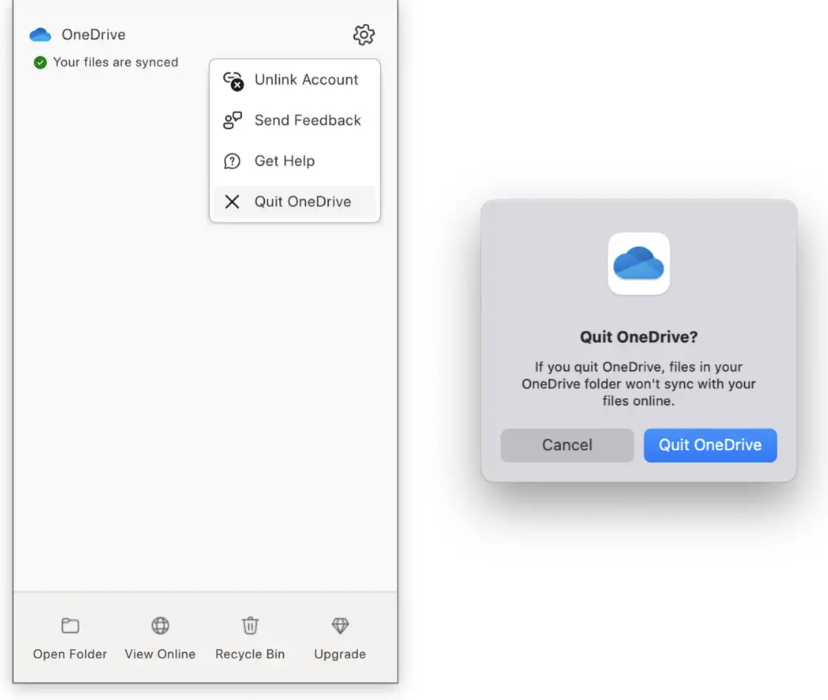 To reset OneDrive on MacOS, the first thing you'll need to do is make sure the app is closed. To do this, right-click on the cloud icon and press Quit.