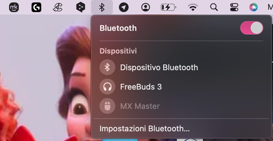 Per risparmiare energia sul Mac, disattiva il Bluetooth dalla barra dei menu.