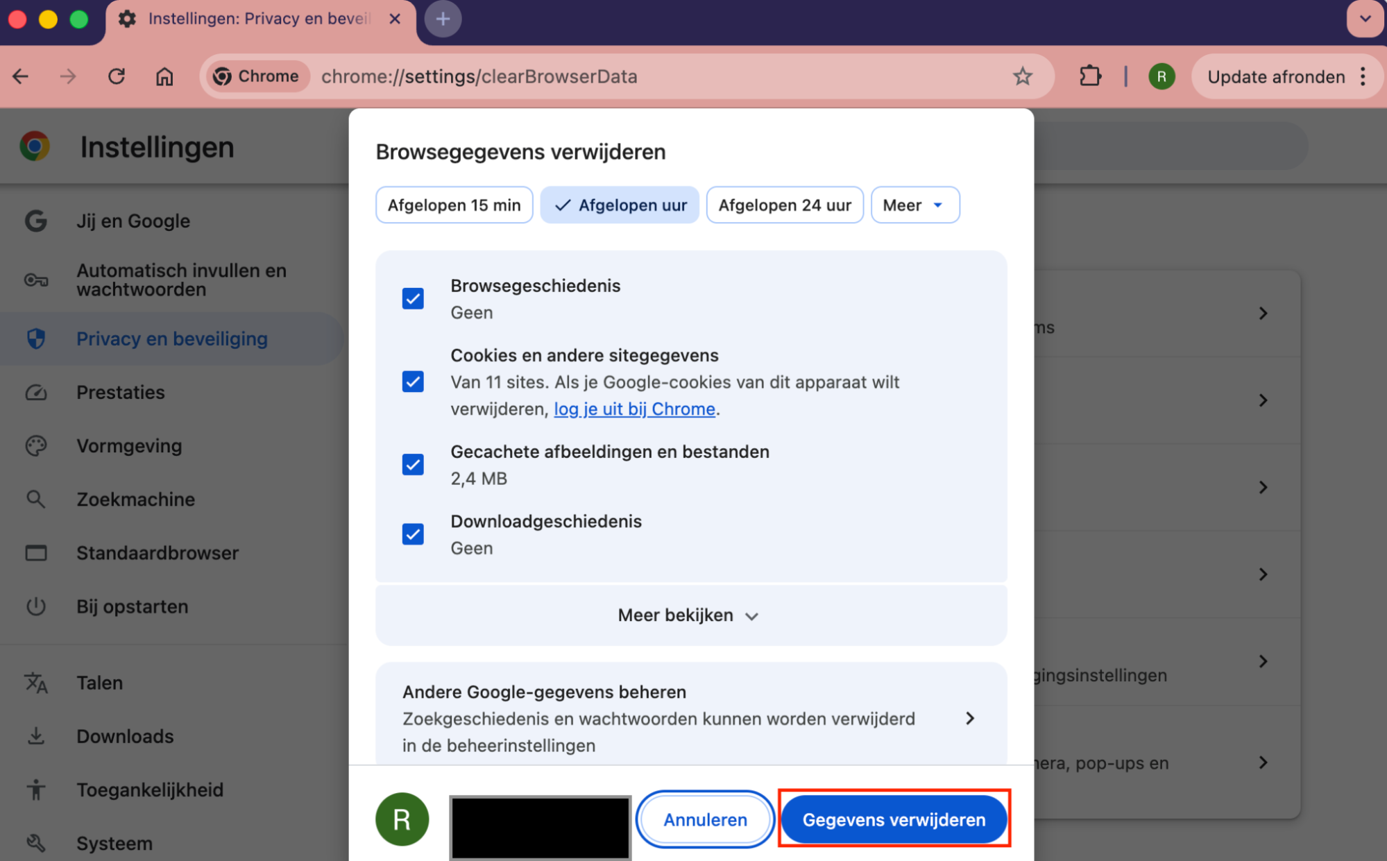 De optie Browsegegevens wissen van Chrome, met Gegevens wissen gemarkeerd. Hoe je Chrome reset, als onderdeel van een handleiding over hoe je valse McAfee pop-ups kunt stoppen op Mac.