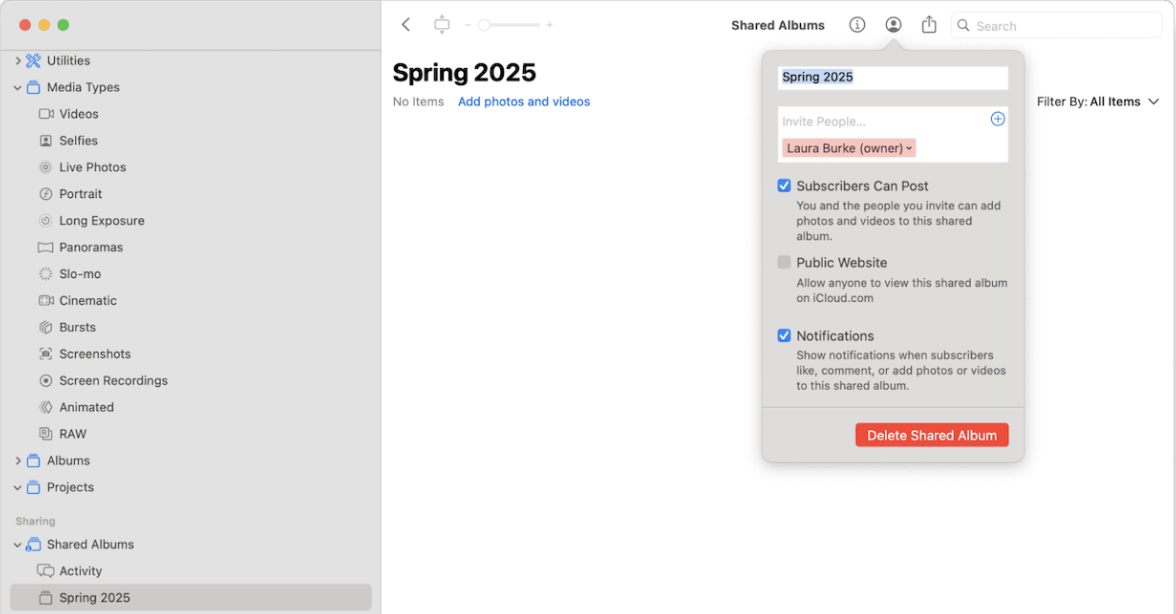 To get a new invite to the Shared Album, ask the Album owner to click on the People Icon in the album and remove your name. Then, re-add you to send you a new invite link.