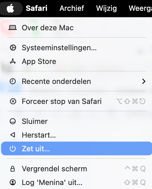 Om de NVRAM van je Mac te resetten — wat kan helpen bij vastlopende of trage Macs — begin je met het herstarten van je apparaat. Klik hiervoor op het Apple-symbool en selecteer Herstart.