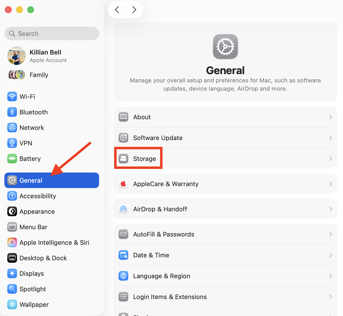 The Storage option inside System Settings on Mac. You can delete iOS files from within here when you find that your backup data is taking up too much space on Mac.
