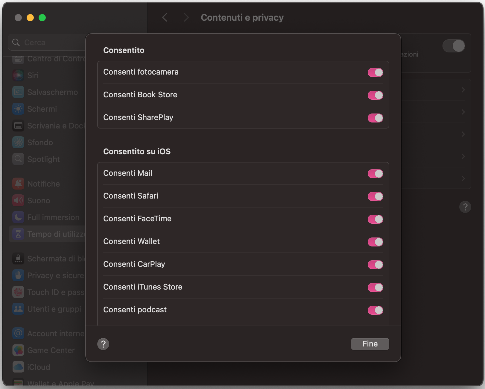 Dopo aver attivato Tempo di utilizzo, clicca su Contenuti e privacy. Assicurati che sia attivo, poi scorri l’elenco delle app consentite e deseleziona Safari per bloccarlo.