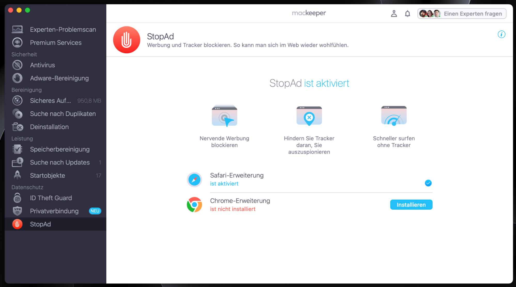 Um störende Werbung zu unterbinden und zu verhindern, dass Werbetreibende Sie im Internet ausspionieren, verwenden Sie StopAd von MacKeeper. Starten Sie MacKeeper und wählen Sie StopAd. Klicken Sie neben Ihrem Browser auf Installieren.