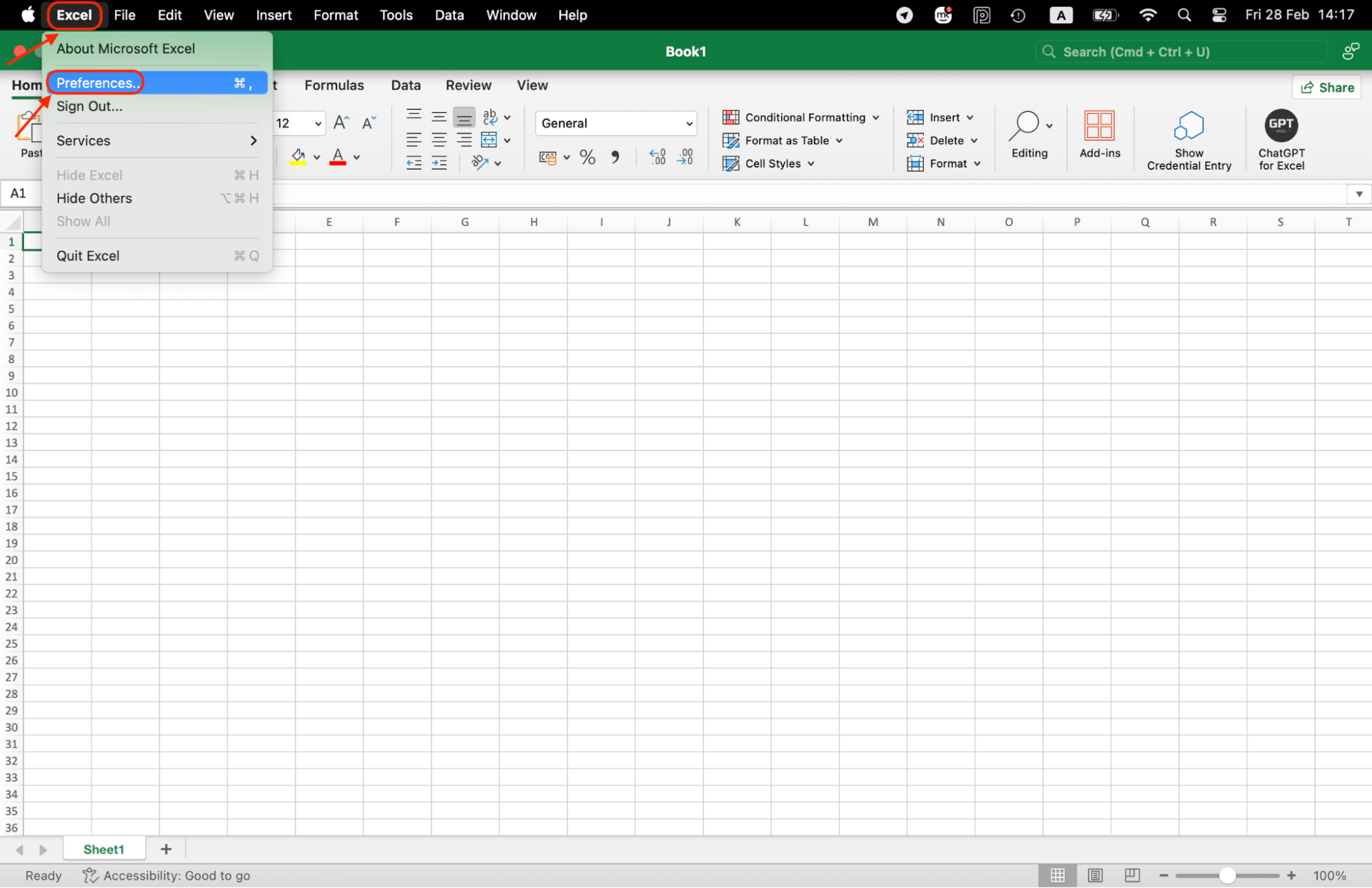 Open Excel, click Preferences from the menu bar, and access settings to customize features and optimize performance on your Mac.