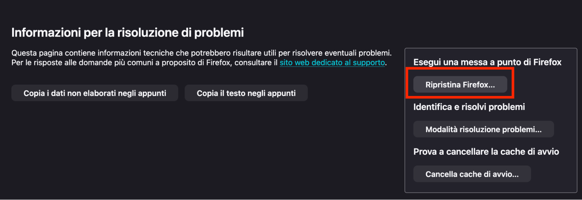 Poi, nella finestra Informazioni per la risoluzione dei problemi di Firefox, individua il pulsante Ripristina Firefox nell’angolo in alto a destra e fai clic su di esso.