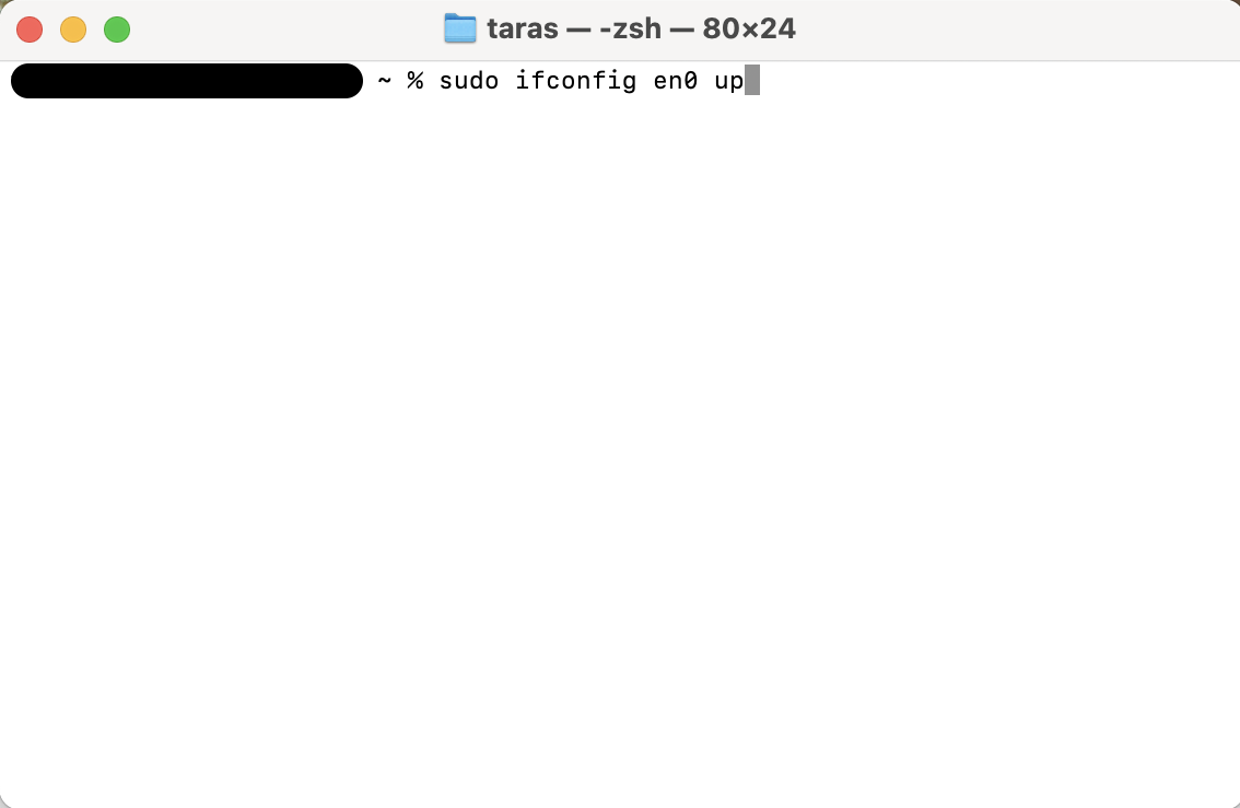 In Terminal, type sudo ifconfig en0 up and press Return to restart your Mac's Wi-Fi interface and re-enable the wireless connection.