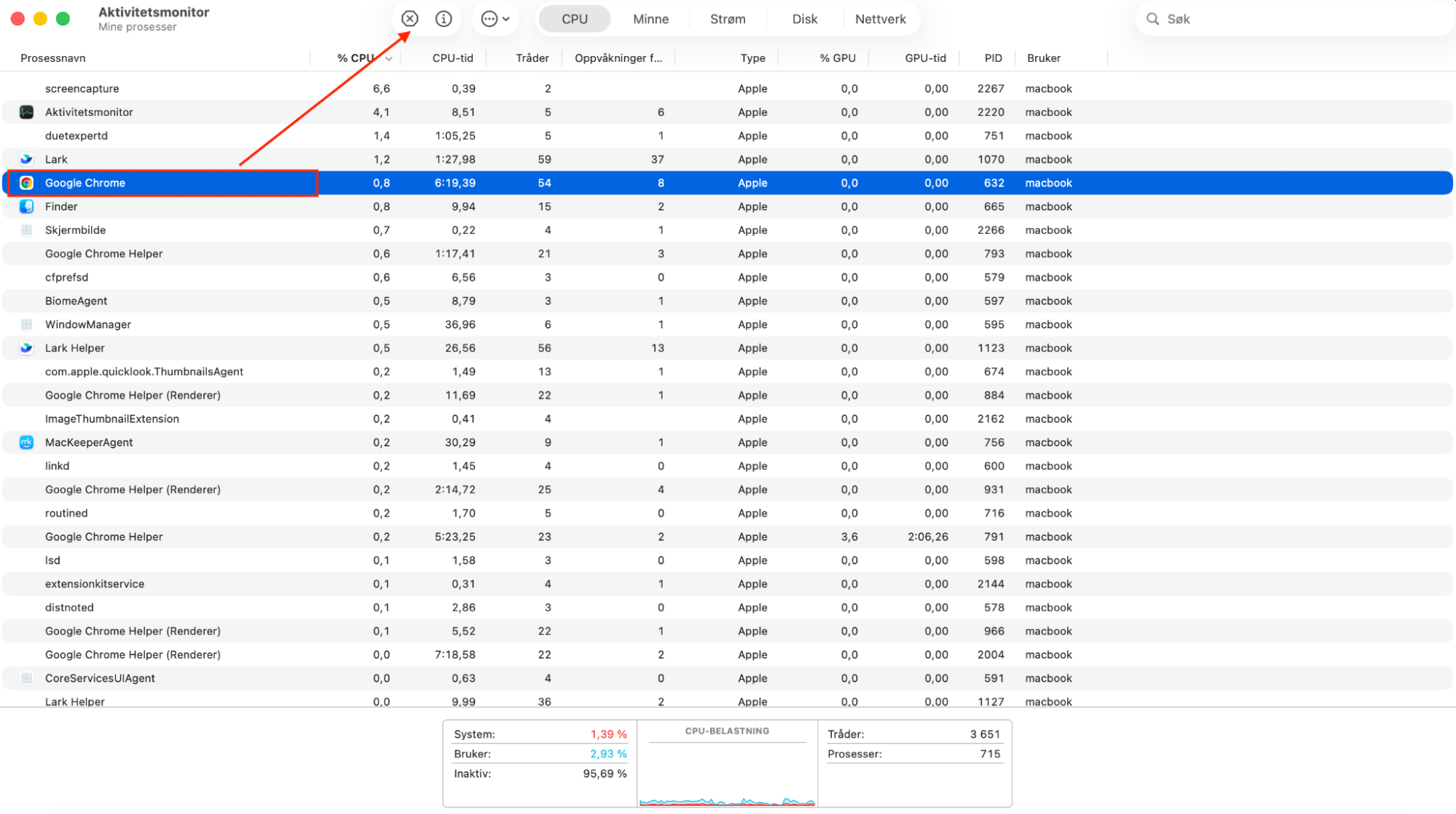 For å tvinge avslutning av en fastlåst app i Aktivitetsmonitor, gå til fanen CPU, og klikk på appen du vil lukke. Klikk deretter på X øverst i vinduet og velg Tving avslutning.