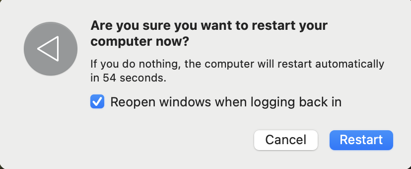 The Restart confirmation prompt in macOS on Mac. You can restart your computer to close all processes when you want to know how to force quit Safari on Mac because it's frozen.