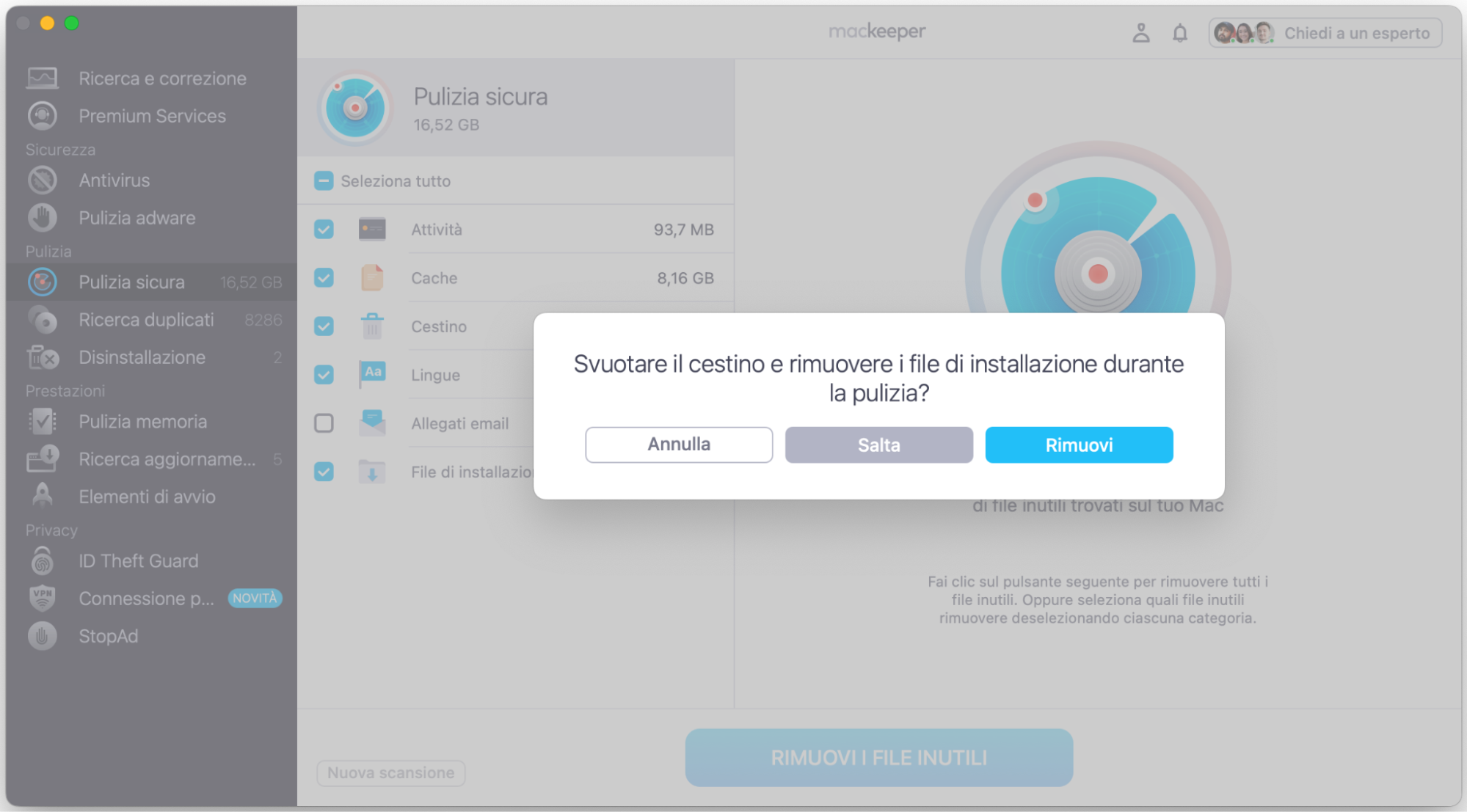 Seleziona Rimuovi nel popup per svuotare il Cestino e completare la pulizia.