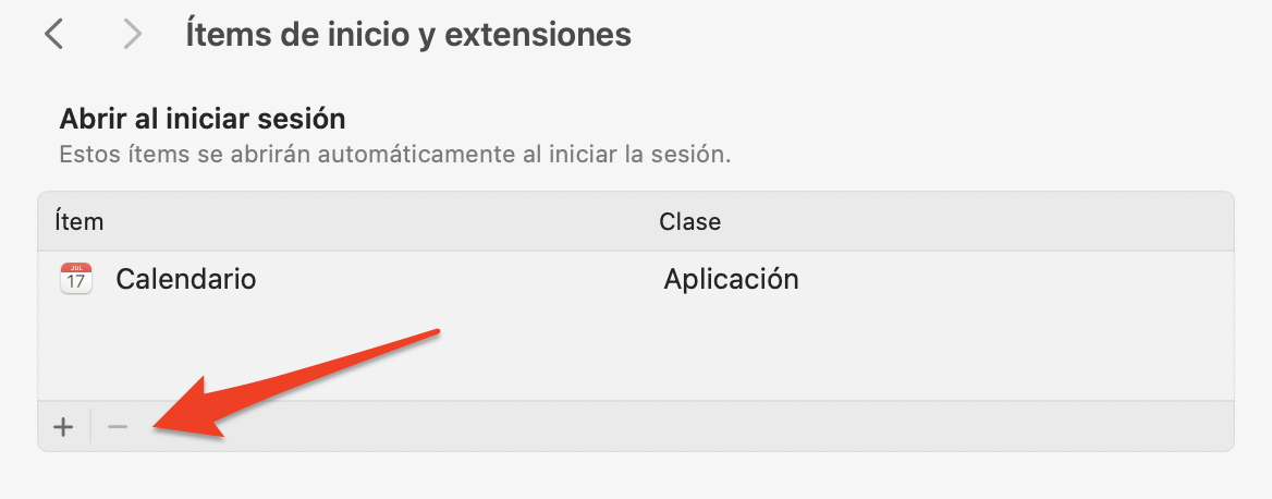 Los elementos de inicio de sesión pueden revelar aplicaciones que graban tu pantalla después de encender tu Mac. Si deseas evitar que una aplicación se abra al iniciar sesión, selecciónala y pulsa el icono menos (-).