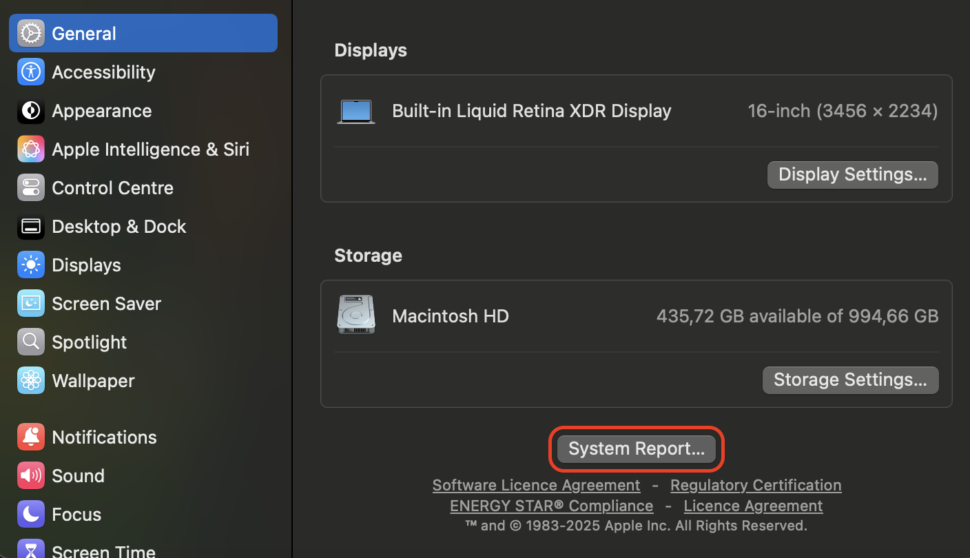 In the About This Mac window, click System Report to open detailed hardware information and confirm memory slots and upgrade options for your Mac.