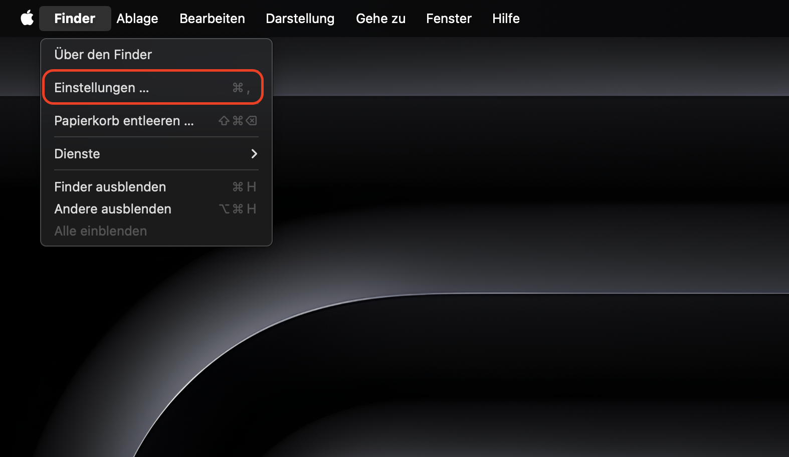 Eine weitere Methode zur Fehlerbehebung bei USB-Problemen besteht darin, die Finder-Einstellungen zu ändern. Um die Optionen des Finders zu ändern, öffnen Sie den Finder und klicken Sie auf die Menüoption Finder. Wählen Sie dann Einstellungen.