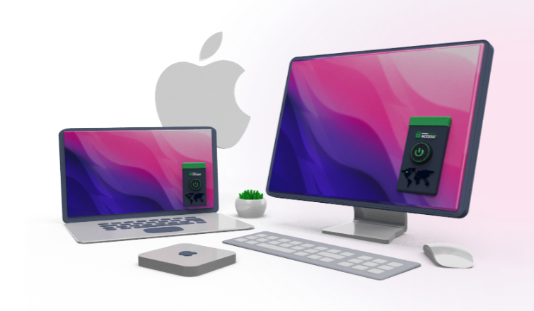 Private Internet Access VPN shown on an iMac and MacBook beside an Apple logo, with the PIA connect widget for customizable Mac VPN settings.