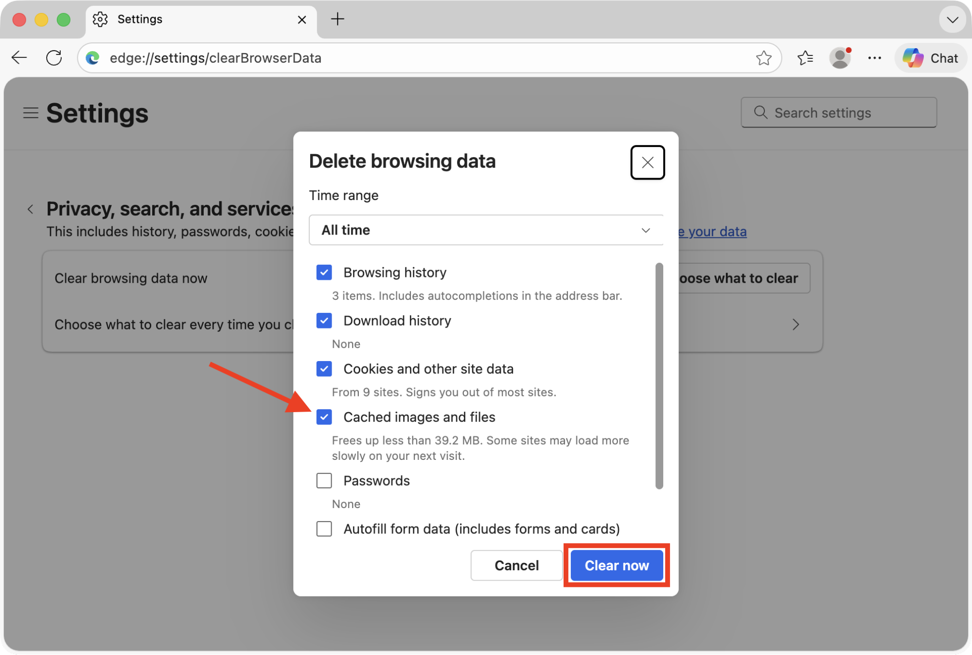 Delete browsing data menu in Microsoft Edge on Mac. Make sure you select Cached images and files, then click Clear now to clear the Google Drive cache within Edge on Mac.