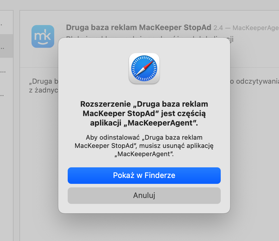 Kliknij przycisk Pokaż w Finderze, a macOS pokaże, gdzie zainstalowane jest rozszerzenie Safari. Teraz, po prostu, usuń je, jak każdy inny plik lub aplikację.