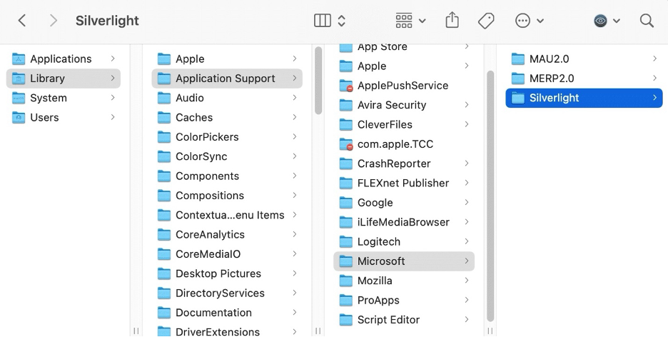 To get rid of the Microsoft Silverlight leftovers on your Mac using Finder, select and drag the Silverlight folder to the Trash.