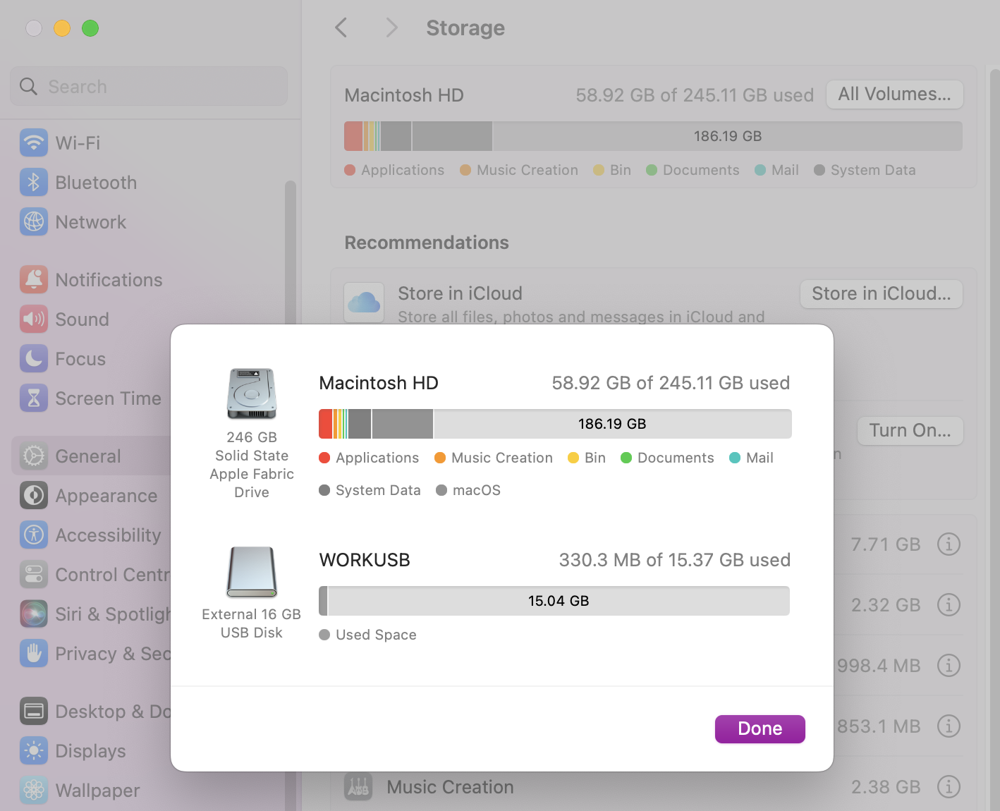 In System Settings, look for and click on the Storage Tab and then press All Volumes to see your available space on both your Macintosh HD and your connected USB hard drive.