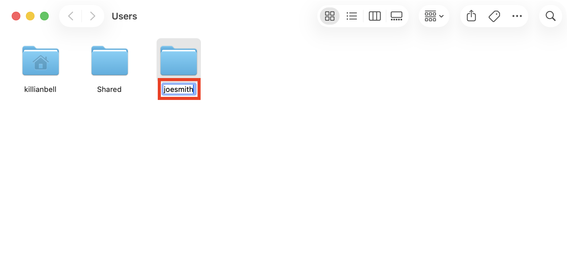 A Users folder being renamed in Finder on Mac. To avoid potential issues accessing personal files, be sure to rename your Users folder before you change username on Mac.