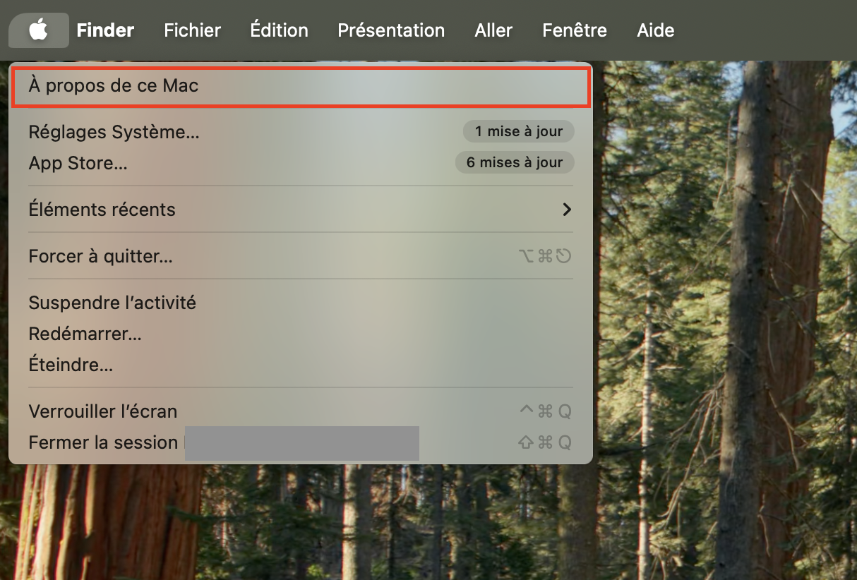 Mettre à jour votre Mac est une des solutions vous permettant de palier à une sécurité faible Wi-Fi sur votre ordinateur. Pour cela, cliquez sur le menu Apple dans la barre des menus, puis sélectionnez À propos de ce Mac.
