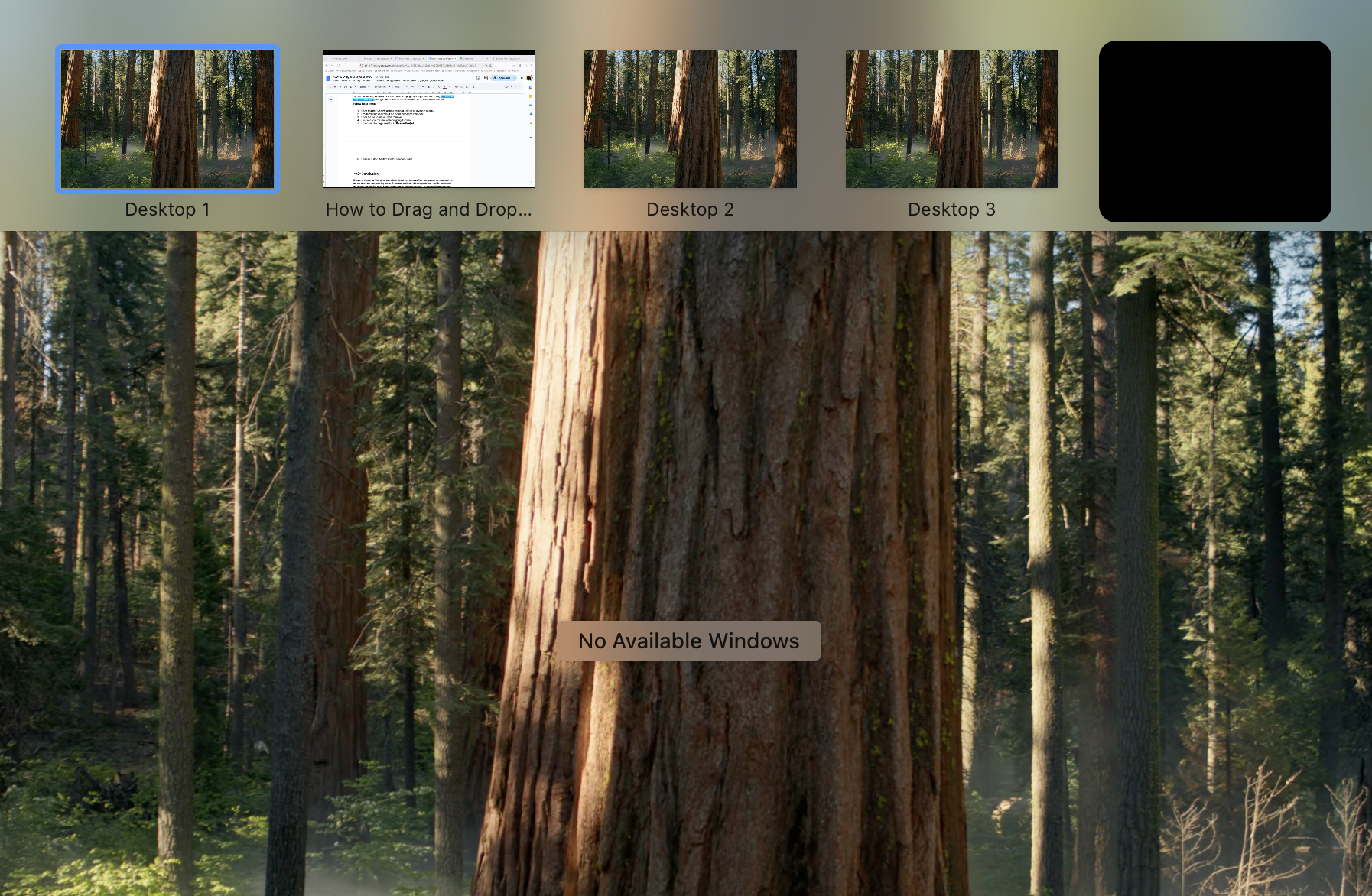 Opening Mission Control using a trackpad gesture or keyboard shortcut to view all active desktops and move files or windows between spaces.