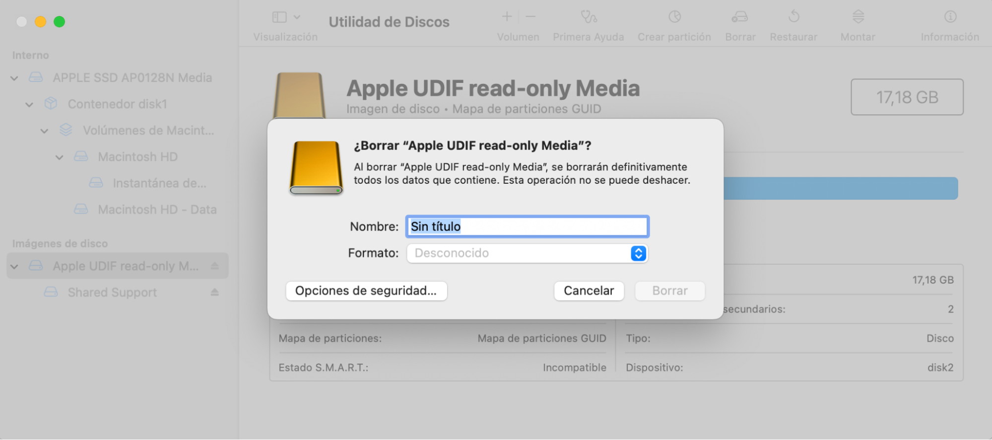 Ahora debes seleccionar las opciones de formato. Elige Mac OS Extended (Journaled) y GUID Partition Map. Dale un nombre a tu unidad USB y haz clic en «Borrar».